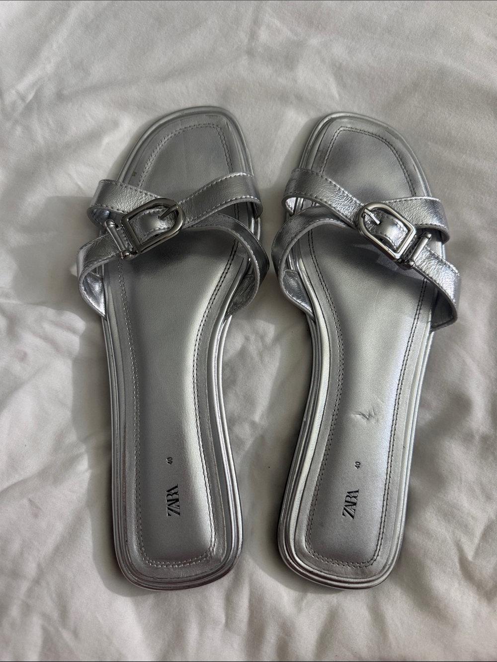 Zara Metallic Silver Buckle Cross-Strap Slide Sandals - Women